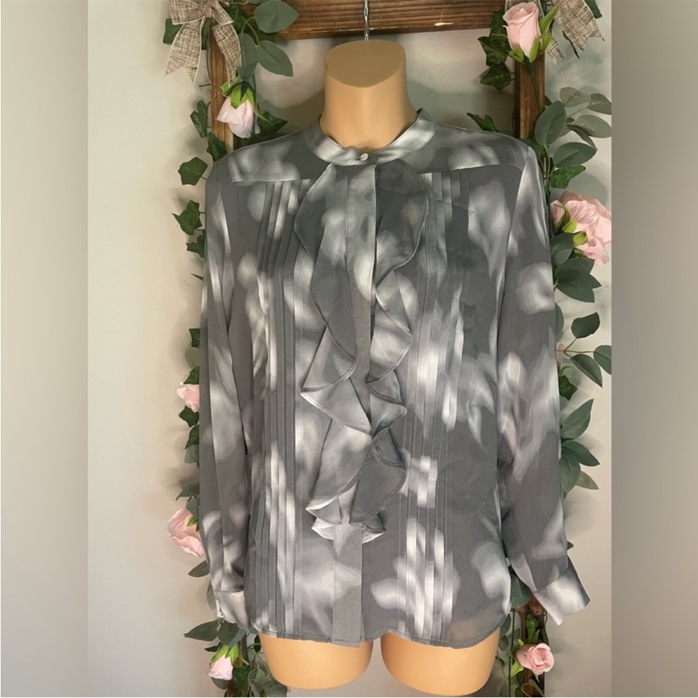 Calvin Klein Gray Ruffle Front Elegant Long Sleeve lightweight polyester NWOT